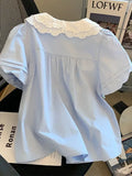 Cute Casual Blue Shirt Women Sweet Peter Pan Collar Korean Blouse Summer Puffy Sleeve Female Vintage Slim All Match Tops