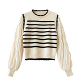 women Black and white striped fake two-piece knitted sweaters pring and autumn Korean soft glutinous pullover sweater female