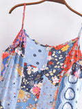 Pbong  Contrast Color Flower Print Midi Long Sling Dress Hippie Women Single-breasted Buttons Ruffles Hem Slit Robe Holiday