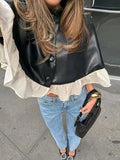Pbong  Elegant Mesh Patchwork Short Cape Coats Women Small Stand Collar Single Button Ruffle Hem Cloak Jacket Autumn Ladies Coat