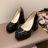 Pbong  Hot Sale Square Heels 10cm Chunky Heels Platform Pumps Double Color Blocking Women Party Dance Pumps