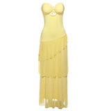 Fashion Sexy Backless Strapless Maxi Dress Women Ruched Elegant Mesh Patchwork Ruched Ruffles Vacation Street Outfits