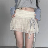Pbong  Summer Wave Point Print Sweet Fairy Mini Skirts Cute Bandage Bow Pleated Girls Skirt Y2k Aesthetic Women Gauze Grunge Faldas