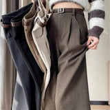 Pbong  Gray Woolen Suit Pants Women's Autumn Winter Thick Wide Leg High Waist Straight Cut Slim Casual Floor Length Trousers