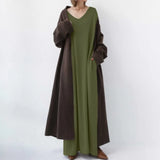 New Large Size Casual Dress Fall Fashion Ladies V Neck Long Sleeve Pocket Simple Knit Large Swing Loose Dress