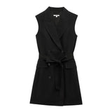 Fashion Simple Slim Fit Blended Short Dress Elegant Solid Color Lapel Summer Dress With Belt Dresses Bouble Breasted Dress