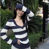 Japanese Vintage Blue and White Striped Knitwear Korean New Subculture Long Sleeve Sweater Women's Thin Slim-fit Bottom Tops