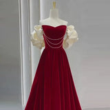 Pbong  Women Off The Shoulder Prom Dress Princess Velvet  Korea Fashion Sweetheart Neck A Line Formal Graduation Evening Party Gown