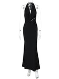 Halter Deep V Neck Sexy Maxi Dress For Women Gown Black Lace Off-shoulder Backless Sleeveless Bodycon Long Dress