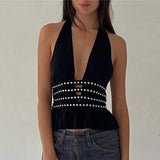 Pbong  Euramerican Sexy Halter Deep V Neck Tank Tops Heavy Hot Diamond Design Temperament Women Camisole Spicy Backless French Tops