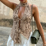 Pbong  Vintage Leopard Print Deep Halter V-Neck Camisole Sexy Backless Design Irregular Hem Chic Tops Women's Summer Soft Mesh Clothes