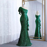 Pbong  Sequin Ruffle Formal Dresses One Shoulder Mermaid Evening Gown Sparkly Long Maxi Dress with Slit