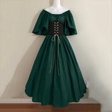 Pbong  Halloween Costumes for Women Medieval Retro Contrasting Color Slim Swing Dress One-word Shoulder Dress Love Live Cosplay