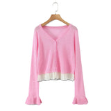 Patchwork Knitting Spring Summer Cardigan Top Women's V-neck Button Solid Casual Thin Jacket Flare Sleeve Ruffle All-match Coat