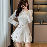 Korean Vintage Women Tweed Dresses 2025 Autumn New O-neck French Pleated A-line Party Short Dress Fashion Female Mini Vestidos