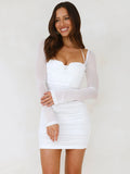 Square Collar Backless Sexy Mini Dress For Women Robe Fashion Two Layer Mesh Zipper Long Sleeve Ruched Club Party Dress