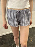 Navy Plaid Tank Shorts 2 Piece Sets Woman Lace Trim Buttons Lace-up Camis+Drawstring Sweatshorts Vintage Sweet Home Cotton Set