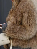 Women Fashion Thicken Short Faux Fur Jacket Chic V Neck Long Sleeved Plush Cardigan Coat Winter Elegant Female Warm Outerwear
