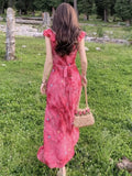 Women Print Flower Red Vacation Dress Elegant V-Neck Ruffled Long Evening Party Dresses Vintage Slim A-Line Vestidos Mjuer New