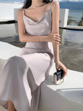 Women Satin Solid Color Swinging Collar Evening Dress Elegant Party Dresses New Summer Sexy Spaghetti Strap Backless Maxi Dress