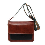 Retro Oil Pu Leather Contrasting Color Autumn Wide Shoulder Strap Single Shoulder Crossbody Small Square Bag for Women