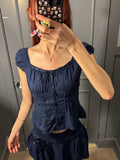 Folds Lace-up T-shirt Blouse Women Summer Lace Trim Square Collar Elastic Waist Short Sleeve Slim Tee Shirt Cotton T-shirt Y2k