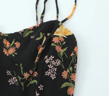 Pbong  Retro French Style Black Floral Print Bandage Spaghetti Strap Hem Slit Midi Dress Women Bow Lacing Up Sling Robe Vestido