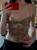 Fashion Trendy Leopard Short Women’s Tank Sleeves V-Neck Ruched Fabric Slim Fit Camisole Y2k Chic