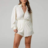 New explosions in spring and summer European and American fashion V-neck pleated long sleeve lapel shorts fashion suit