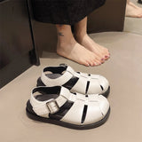 Pbong  Women's Sandals Roman Weave Hollow-Out Closed-Toe Sandals for Women Summer Outdoor Wear Flat Thick-Soled Buckle Sandals
