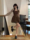 Deeptown Kawaii Korean Style Brown Mini Dress Women Fairycore Cute Lolita One Piece Long Sleeve Tunic Princess Dresses Autumn