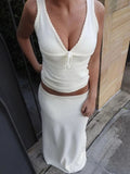 Knitted Deep V-neck Bow Women Crop Top Blue Patchwork Spaghetti Strap Tank Top Female Spring Slim Casual Streetwear
