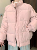 Preppy Style Sweet Pink Parkas Women Vintage Long Sleeve Winter Thick Warm Cotton Jacket Casual Stand Collar Loose Outwear
