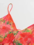 Women Sexy V Neck Tropical Floral Print Pleat Ruffles Sling Mini Dress Female Chic Backless Summer Mesh