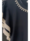 Pbong  Summer Neqw O-neck Beading Tops Mujer Patchwork Flying Sleeve Loose Tee Shirt Fashion All-match T-shirt For Women