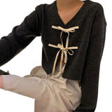 Pbong  Butterfly Knot Short Knitted Sweater Jacket New Design Loose Fit V-Neck Long Sleeve Urban Style Commute Suitable for W...