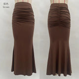 Pbong  New Autumn Solid Bodycon Ruched Long Skirt Women Sexy Elastic Elegant High Waist Mermaid Maxi Skirts Streetwear