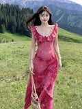 Women Print Flower Red Vacation Dress Elegant V-Neck Ruffled Long Evening Party Dresses Vintage Slim A-Line Vestidos Mjuer New