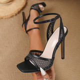 Pbong  New Summer Fashion Crystal Breathable Hollow Out Sandals Women Square Toe Buckle Strap Thin Heels Ladies Shoes