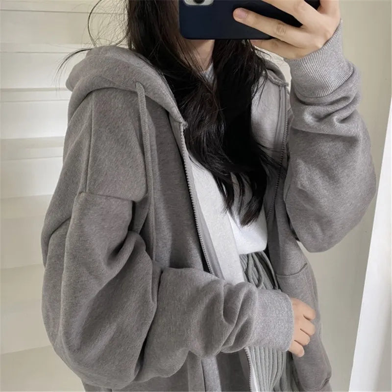 Harajuku Women Sweatshirts Korean Version Oversized Solid Zip Up Hoodies Jacket Retro Long Sleeve Fleece Hooded Sweatshirt Coats