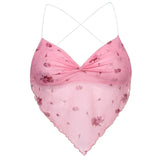 Y2k Women Chic Cute Floral Pink Corset Top Mesh See Through Tie Up Mini Camis Off Shoulder Backless V-neck Tank Top Streetwear