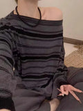Off Shoulder Striped Knit Top for Women Long Sleeve Off-the-Shoulder Pullovers Jummper Ladies Fall Winter Korean Fashion Outfit