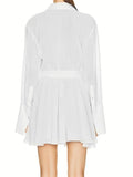 Pbong  Women Elegant Shirt Dress Mesh Sheer Long Sleeve Turn-Down Collar Pleated A-line Mini Dress Autumn Vintage Sexy Clothes