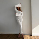 Knitted Slash Neck Long Sleeve Slim Long Dress For Women Autumn New Fashion Solid Flare Sleeve Casual Tight Female Dresses