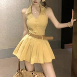 Pbong  Women's Yellow Halter Neck Sleeveless Romper Pleated Ruffle Hem Casual Summer Short Jumpsuit