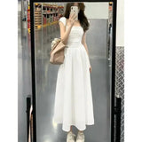 White Vacation Style Dress Women's Gentle Waist Drawstring Splice Fake Two-Piece Small Flying Sleeve Strap Long Dress