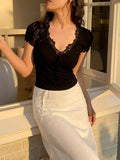 Pbong  French Style Knitted Cropped Blouse Bodycon Summer White Black Cotton Elegant Tie Lace Up Vocation Y2K Sexy Ladies Shirts Tops