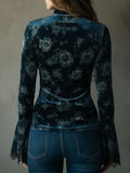 Lunivop  Autumn Women's Clothing Velvet Blouse With Lace Floral Print V Neck Long Sleeve Elegant Top For Woman Slim Fit Bell Cuff