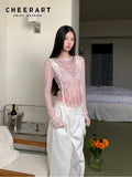 Designer Pink Long Sleeve T Shirt For Woman Fall 2025 Lace Print Funny Tees Cute Mesh Top Kawaii Clothes