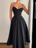 Sweetown Sleeveless Fit And Flare Elegant Fashion Spaghetti Straps Dresses Women Black Solid Sexy Birthday Evening Party Dress